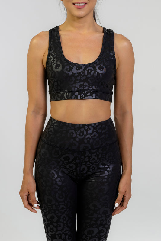 ULTRA RADIANT METALLIC BLACK & PINK LEOPARD SPORTS BRA
